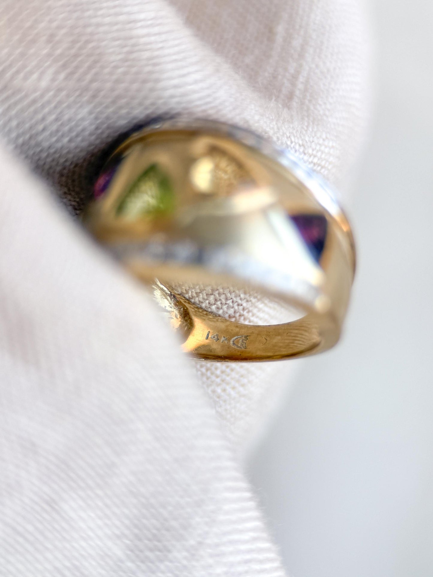 Vintage Rainbow Gemstone and Diamond Ring, 14k Gold, Trillion Cut Statement Band, Geometric Jewelry