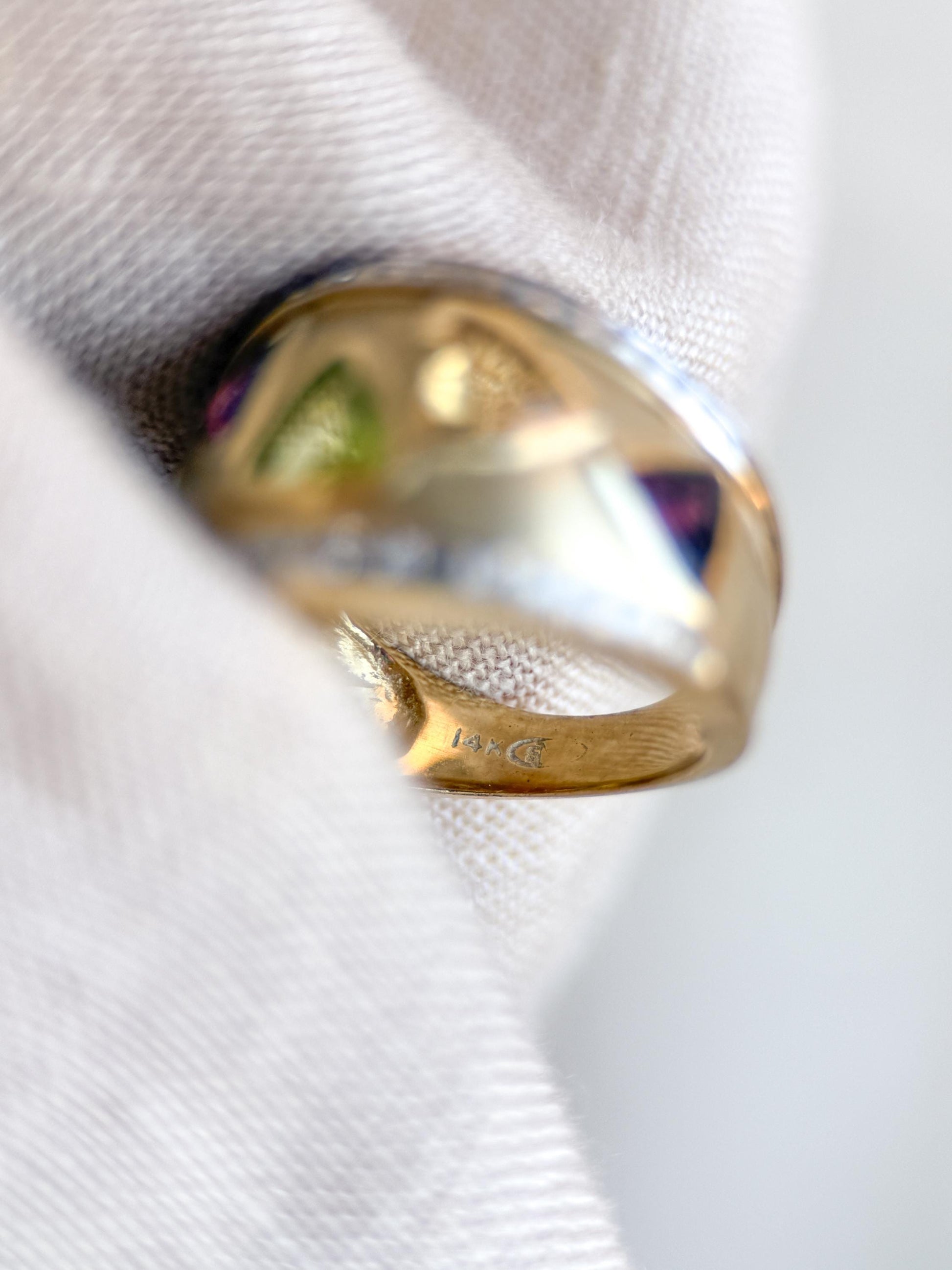 Vintage Rainbow Gemstone and Diamond Ring, 14k Gold, Trillion Cut Statement Band, Geometric Jewelry