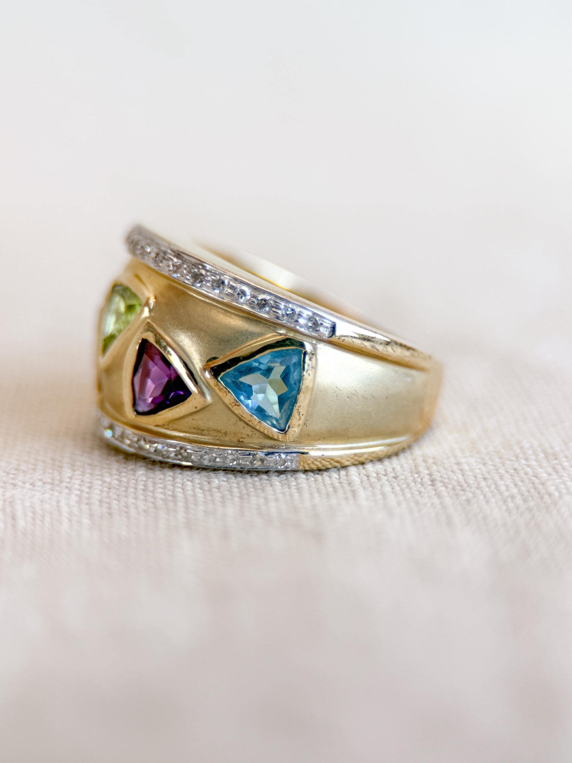Vintage Rainbow Gemstone and Diamond Ring, 14k Gold, Trillion Cut Statement Band, Geometric Jewelry