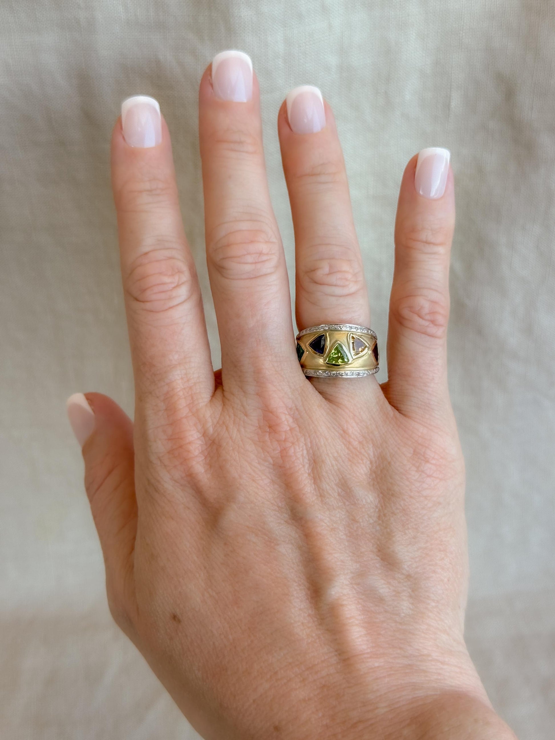 Vintage Rainbow Gemstone and Diamond Ring, 14k Gold, Trillion Cut Statement Band, Geometric Jewelry