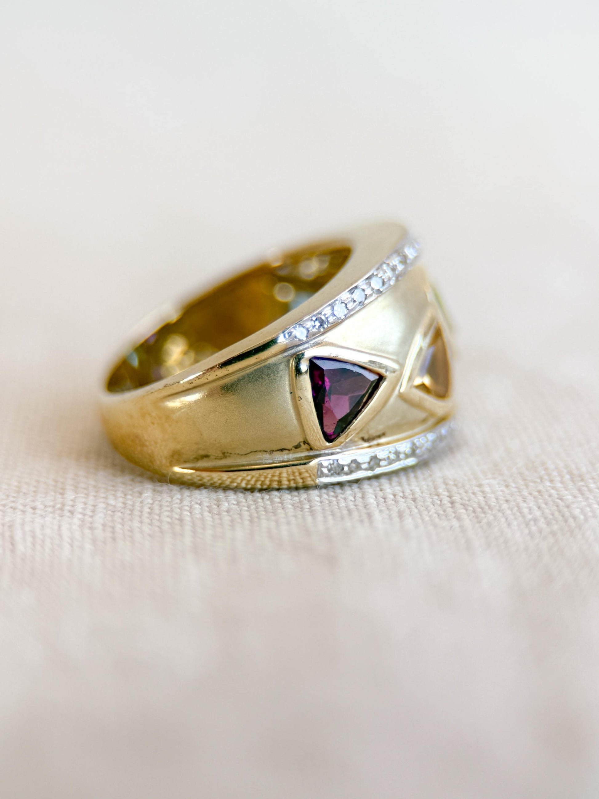 Vintage Rainbow Gemstone and Diamond Ring, 14k Gold, Trillion Cut Statement Band, Geometric Jewelry