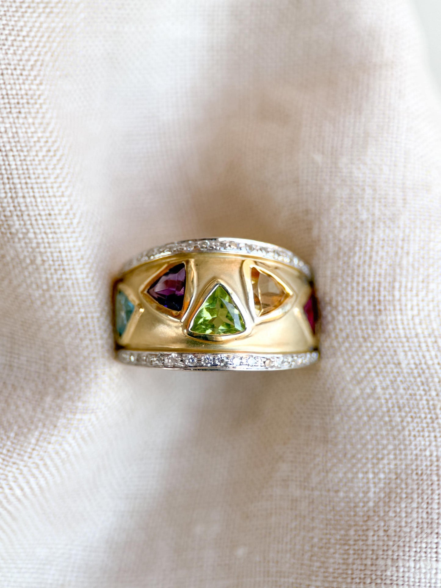 Vintage Rainbow Gemstone and Diamond Ring, 14k Gold, Trillion Cut Statement Band, Geometric Jewelry