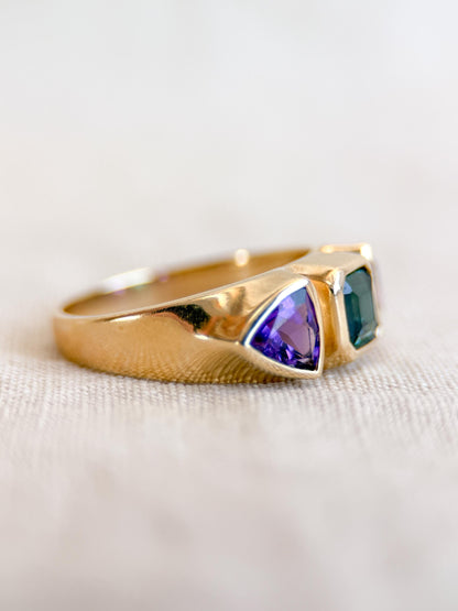 Vintage Tourmaline and Amethyst Ring, 14k Gold, Bezel Geometric Statement Ring, Unique Bold Jewelry