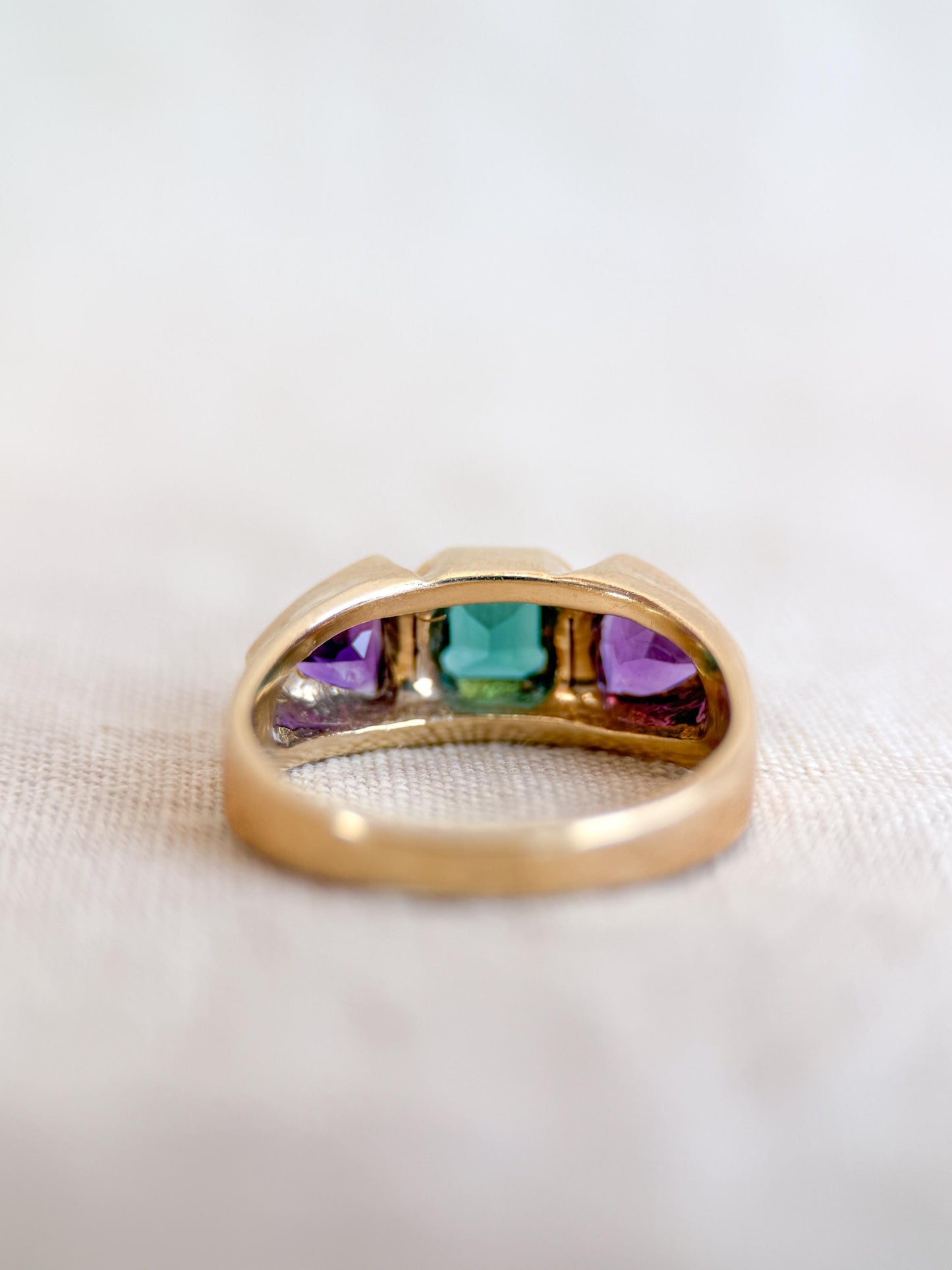 Vintage Tourmaline and Amethyst Ring, 14k Gold, Bezel Geometric Statement Ring, Unique Bold Jewelry