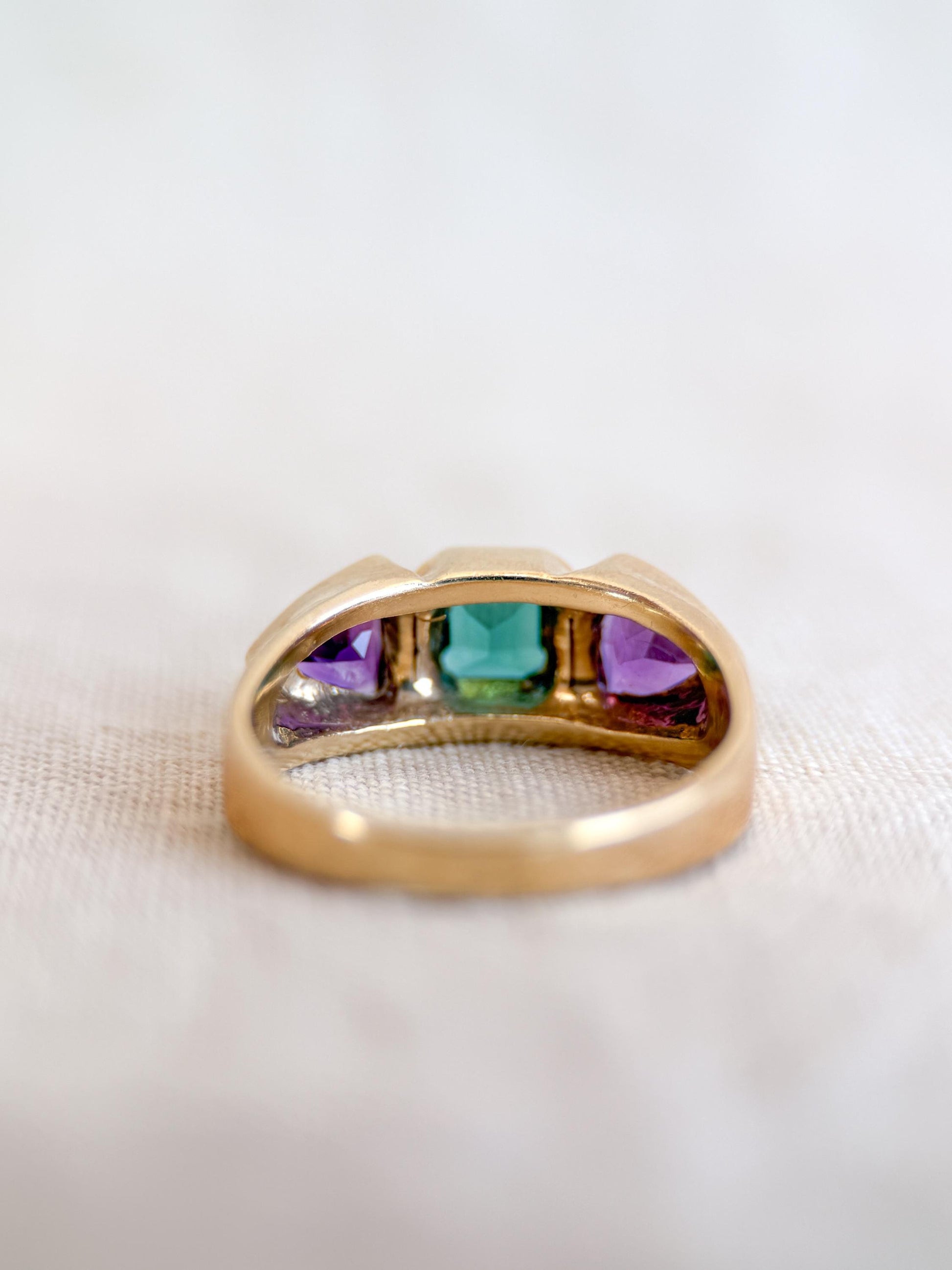 Vintage Tourmaline and Amethyst Ring, 14k Gold, Bezel Geometric Statement Ring, Unique Bold Jewelry