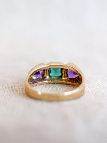 Vintage Tourmaline and Amethyst Ring, 14k Gold, Bezel Geometric Statement Ring, Unique Bold Jewelry