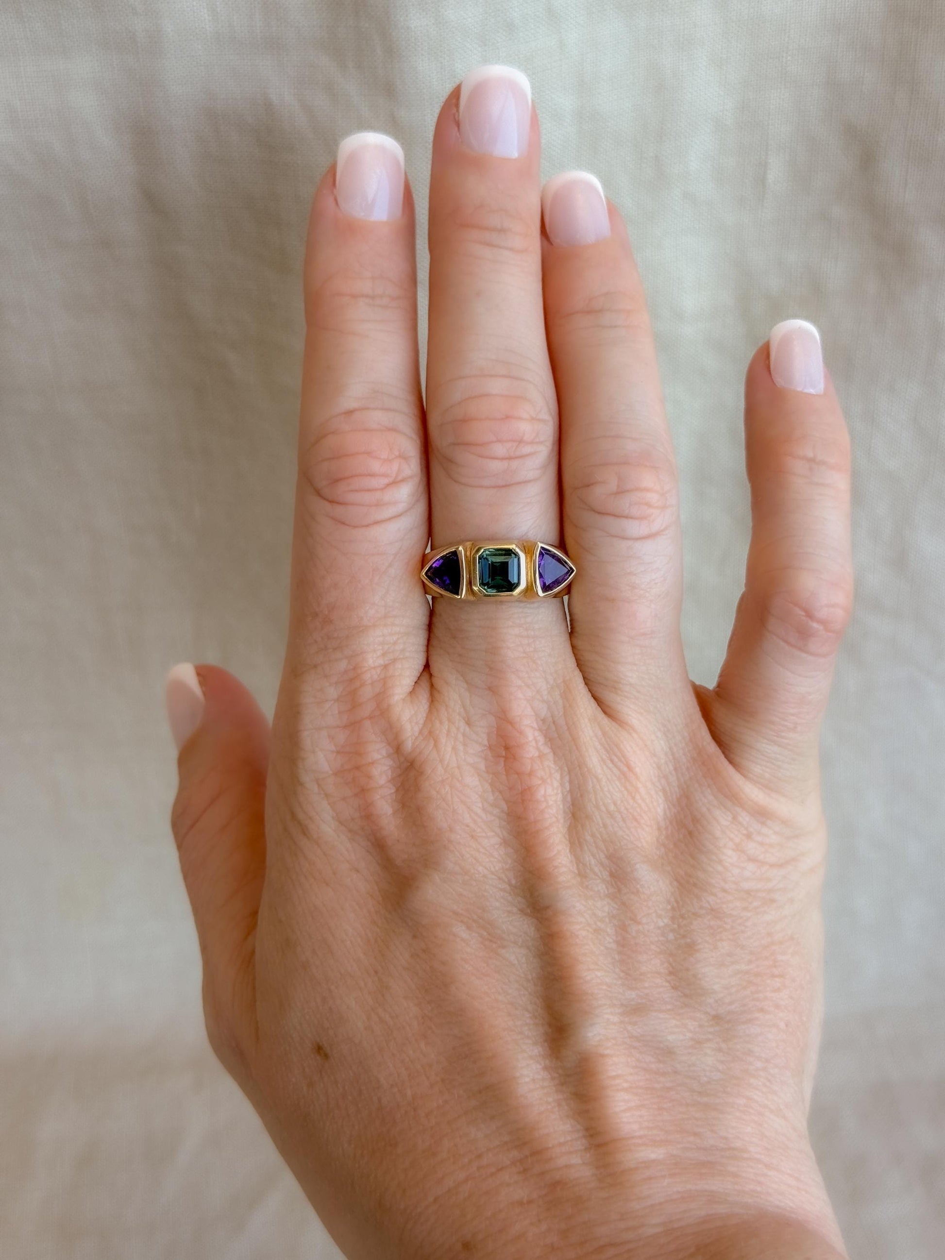 Vintage Tourmaline and Amethyst Ring, 14k Gold, Bezel Geometric Statement Ring, Unique Bold Jewelry