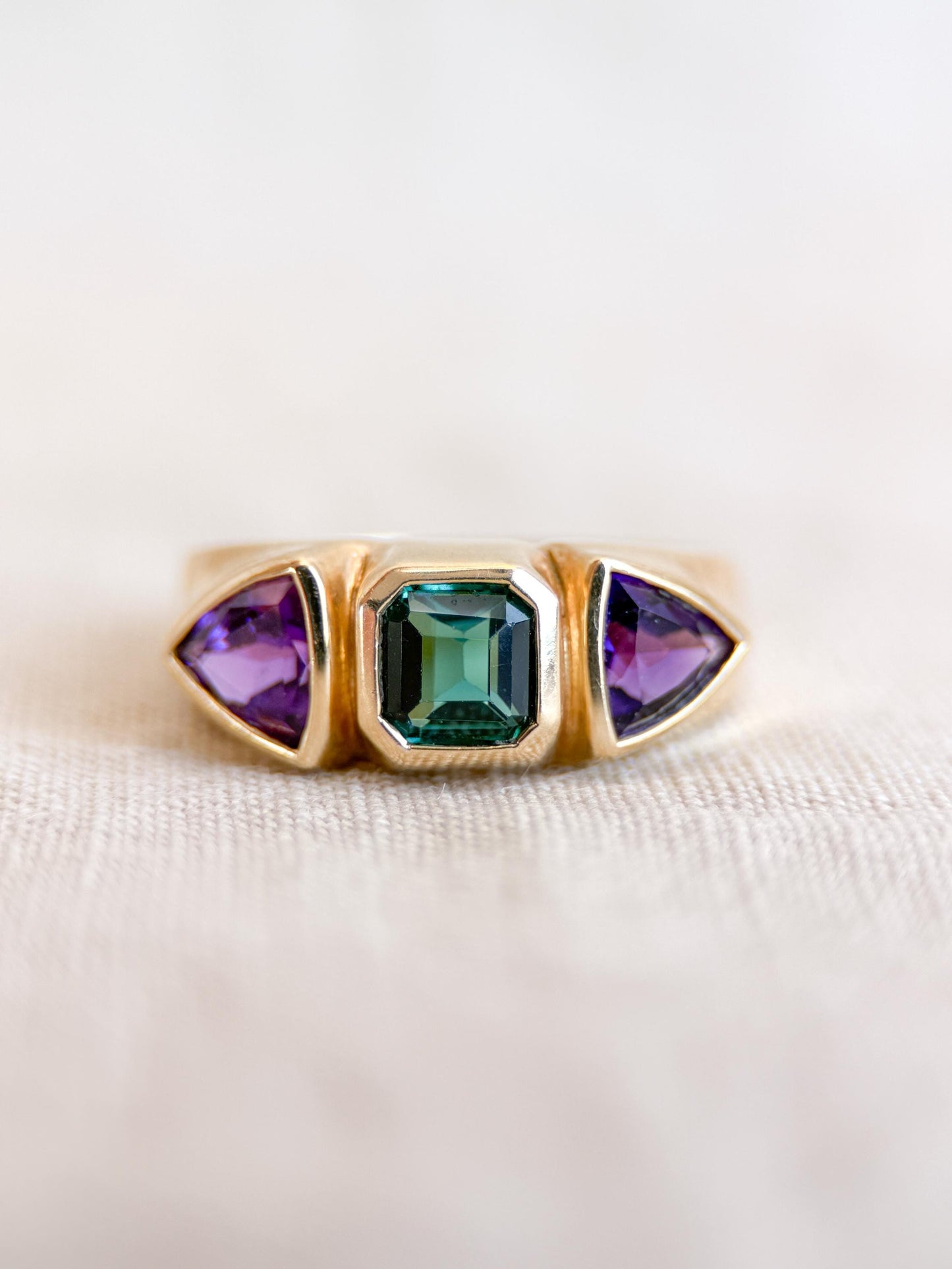 Vintage Tourmaline and Amethyst Ring, 14k Gold, Bezel Geometric Statement Ring, Unique Bold Jewelry