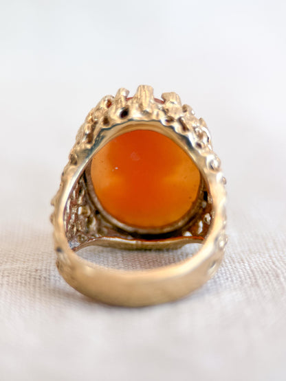 Vintage Cameo Ring, 14k Gold, Oval Textured Statement Ring, Mid-Century Bold Jewelry