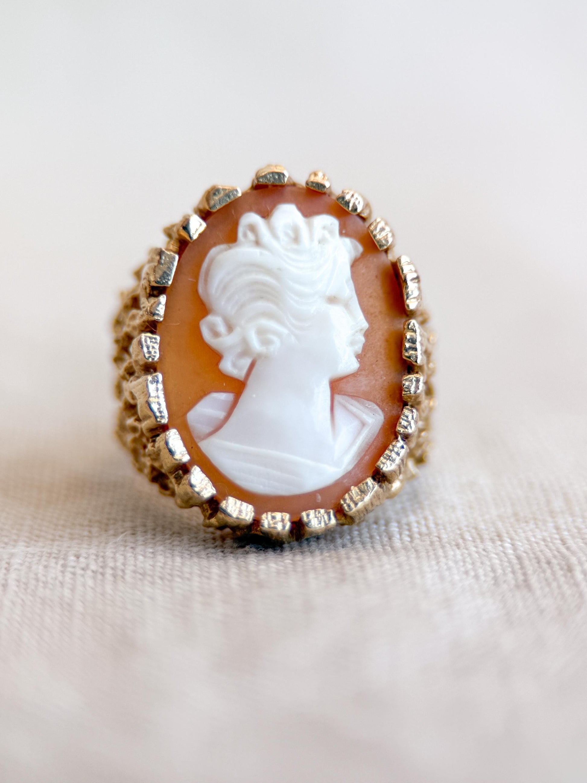 Vintage Cameo Ring, 14k Gold, Oval Textured Statement Ring, Mid-Century Bold Jewelry