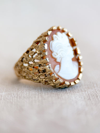 Vintage Cameo Ring, 14k Gold, Oval Textured Statement Ring, Mid-Century Bold Jewelry