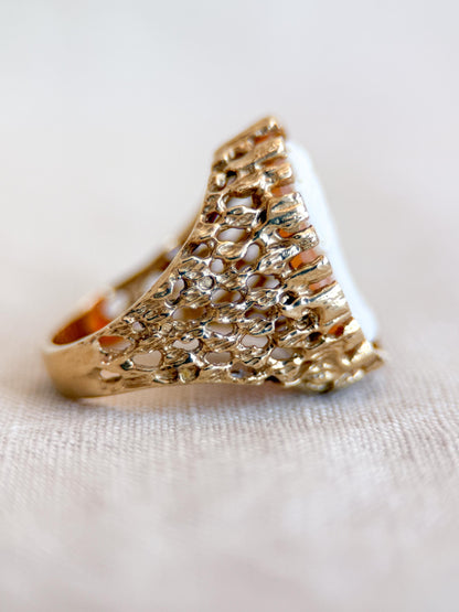 Vintage Cameo Ring, 14k Gold, Oval Textured Statement Ring, Mid-Century Bold Jewelry