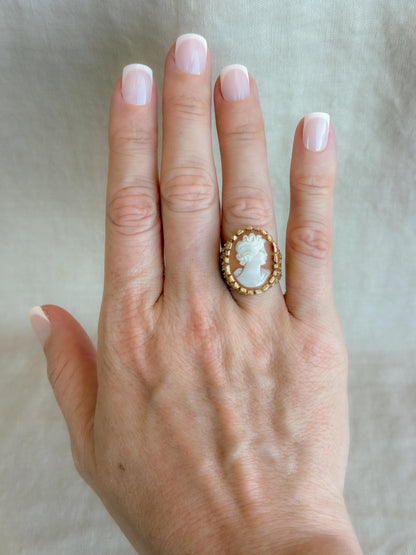 Vintage Cameo Ring, 14k Gold, Oval Textured Statement Ring, Mid-Century Bold Jewelry