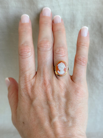Vintage Cameo Ring, 14k Gold, Oval Portrait Statement Ring, Mid-Century Bold Jewelry