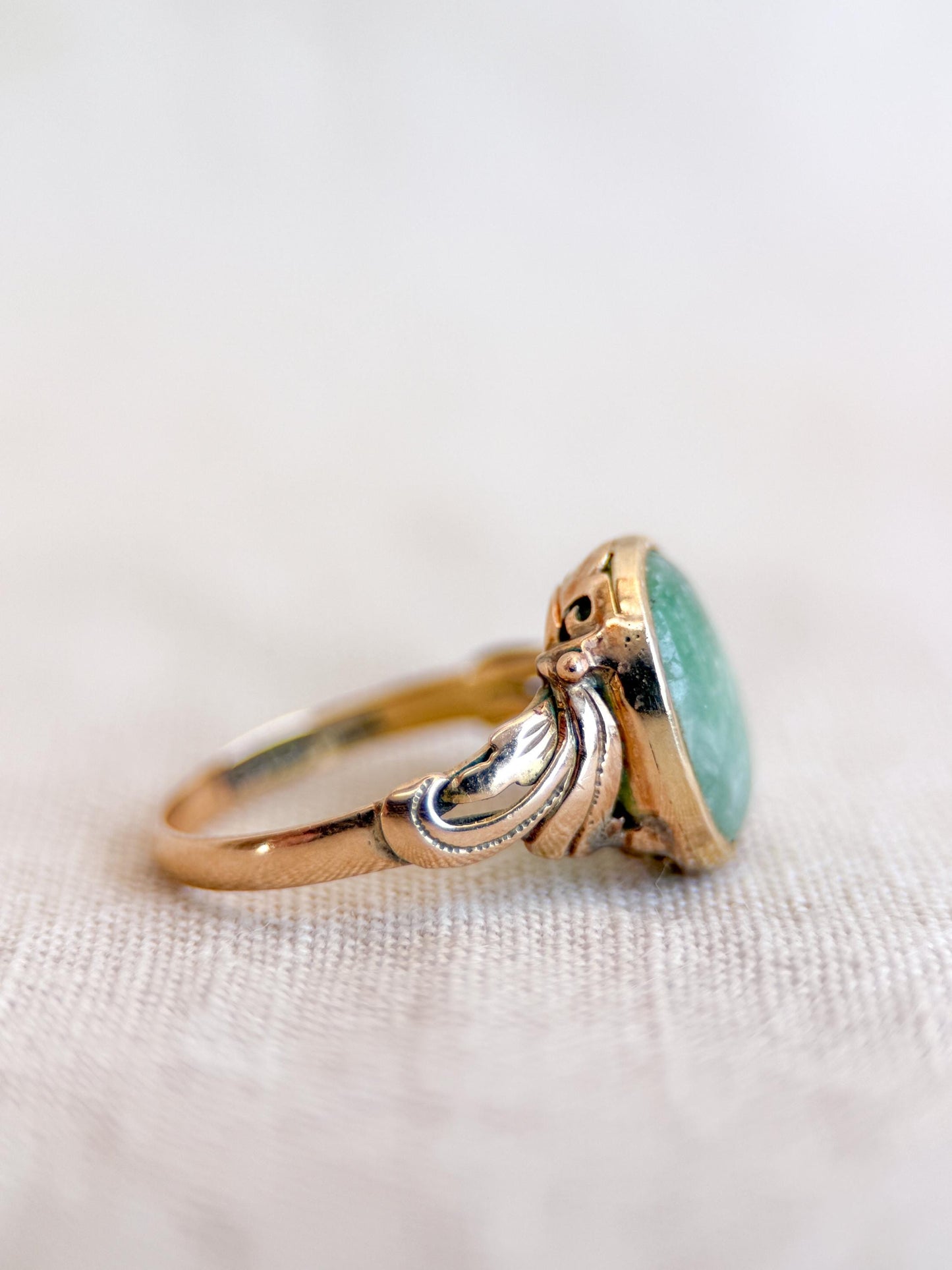 Vintage Jade Ring, 14k Gold, Oval Cut Jadeite Statement Ring, Filigree Bezel Jewelry