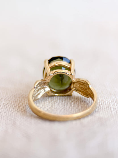 Vintage Moldavite Ring, 14k Gold, Oval Cut Prong Set Statement Ring, Unique Bold Jewelry