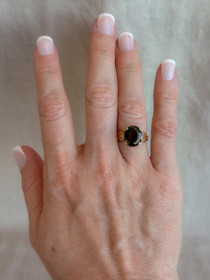 Vintage Moldavite Ring, 14k Gold, Oval Cut Prong Set Statement Ring, Unique Bold Jewelry