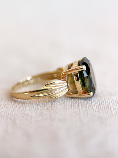 Vintage Moldavite Ring, 14k Gold, Oval Cut Prong Set Statement Ring, Unique Bold Jewelry