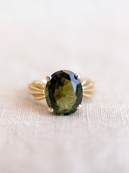 Vintage Moldavite Ring, 14k Gold, Oval Cut Prong Set Statement Ring, Unique Bold Jewelry