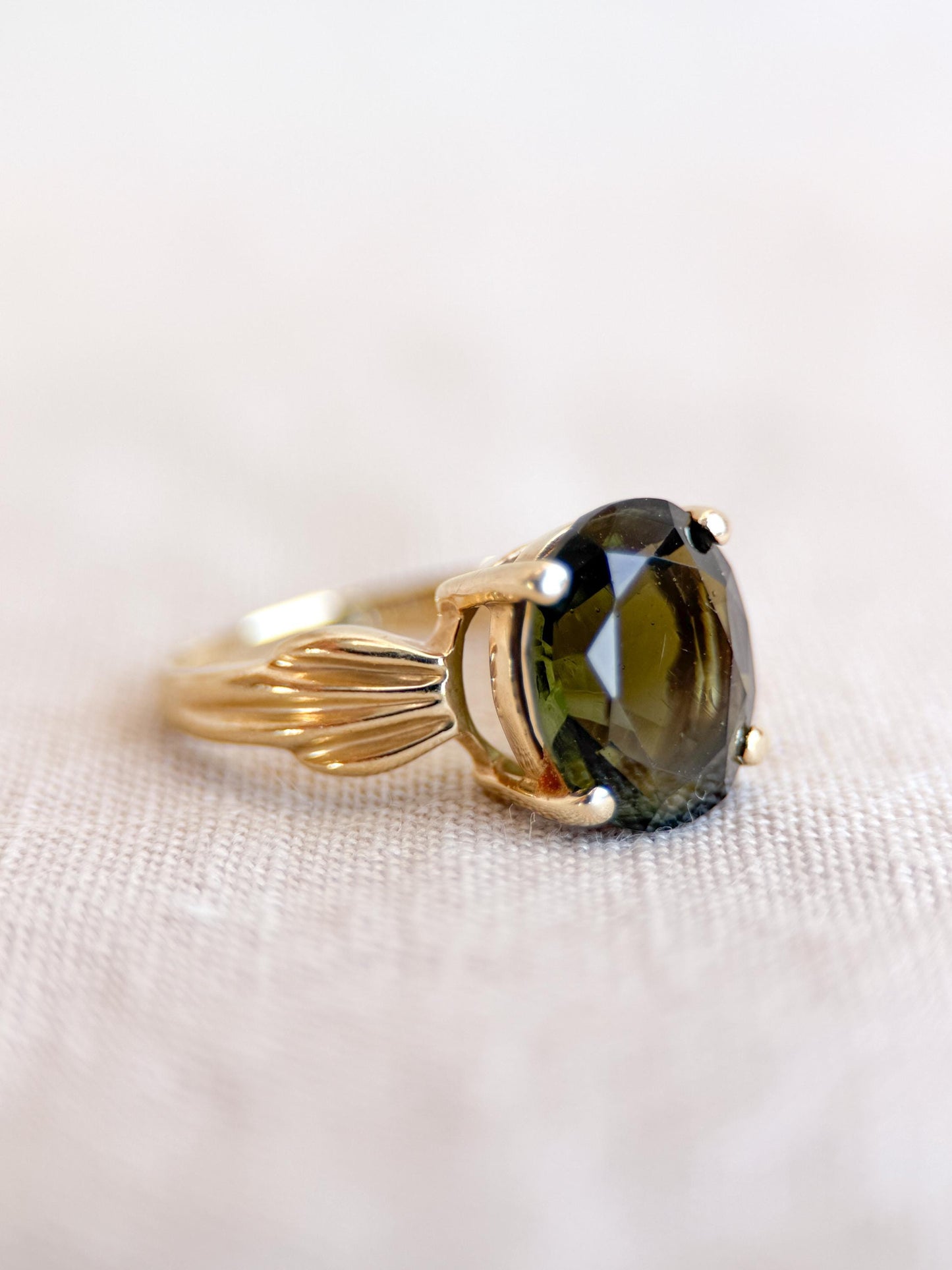 Vintage Moldavite Ring, 14k Gold, Oval Cut Prong Set Statement Ring, Unique Bold Jewelry