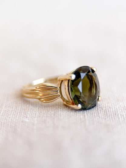 Vintage Moldavite Ring, 14k Gold, Oval Cut Prong Set Statement Ring, Unique Bold Jewelry