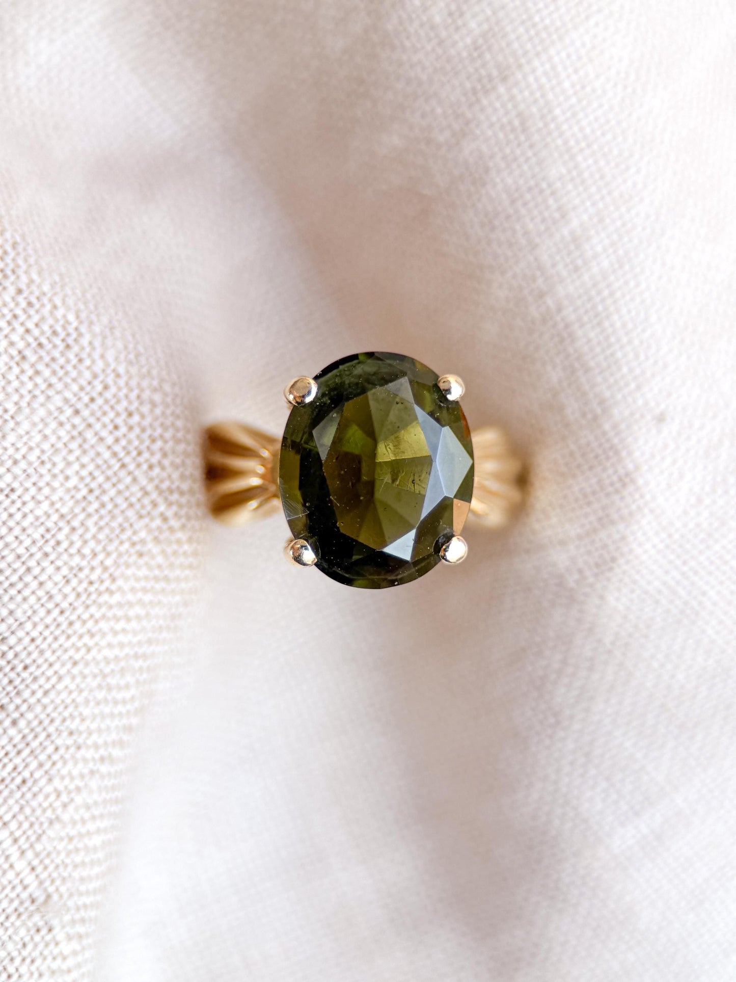 Vintage Moldavite Ring, 14k Gold, Oval Cut Prong Set Statement Ring, Unique Bold Jewelry