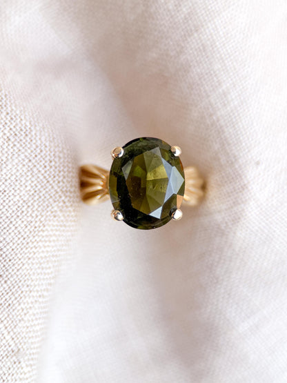 Vintage Moldavite Ring, 14k Gold, Oval Cut Prong Set Statement Ring, Unique Bold Jewelry