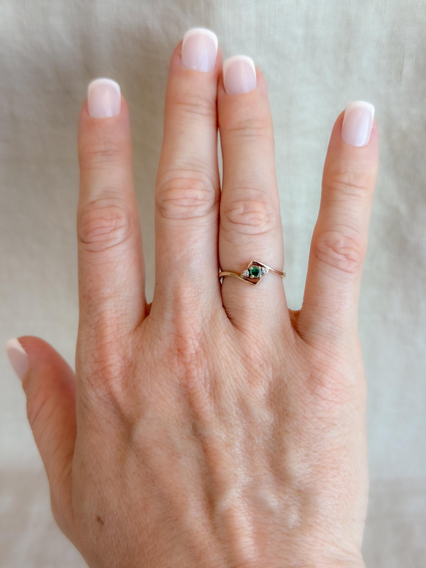 Vintage Emerald and Diamond Engagement Ring, Round Cut, 10k Gold, Three Stone, Bridal Ring