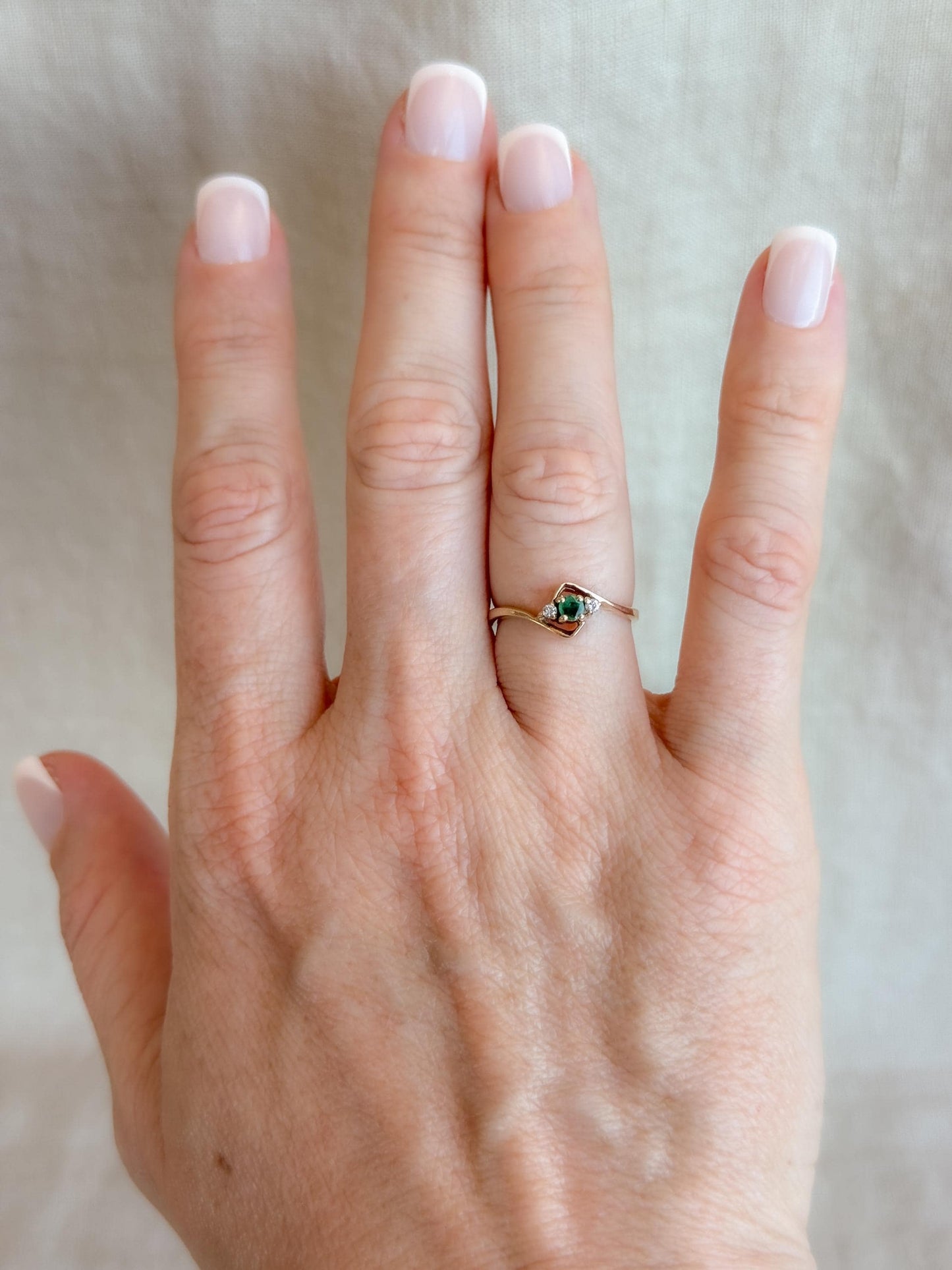 Vintage Emerald and Diamond Engagement Ring, Round Cut, 10k Gold, Three Stone, Bridal Ring