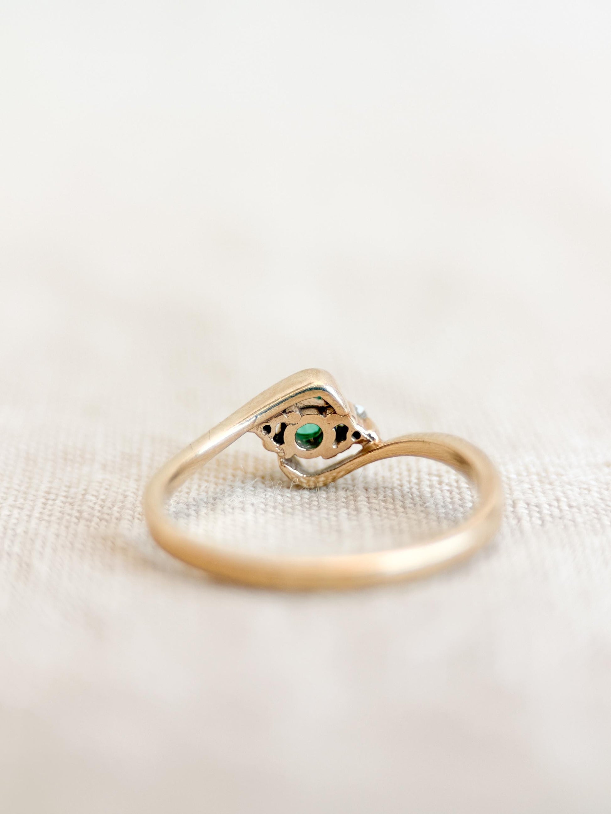 Vintage Emerald and Diamond Engagement Ring, Round Cut, 10k Gold, Three Stone, Bridal Ring