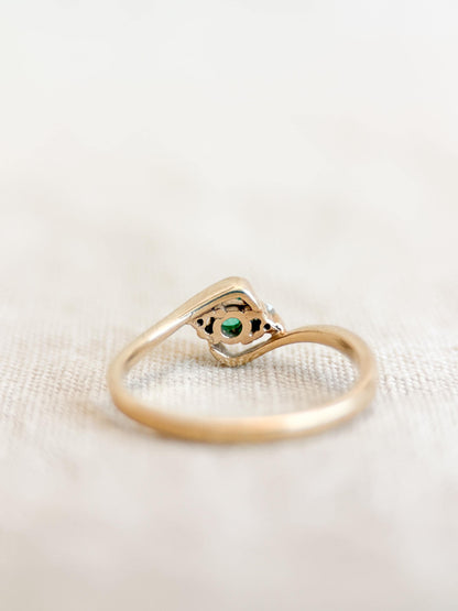 Vintage Emerald and Diamond Engagement Ring, Round Cut, 10k Gold, Three Stone, Bridal Ring
