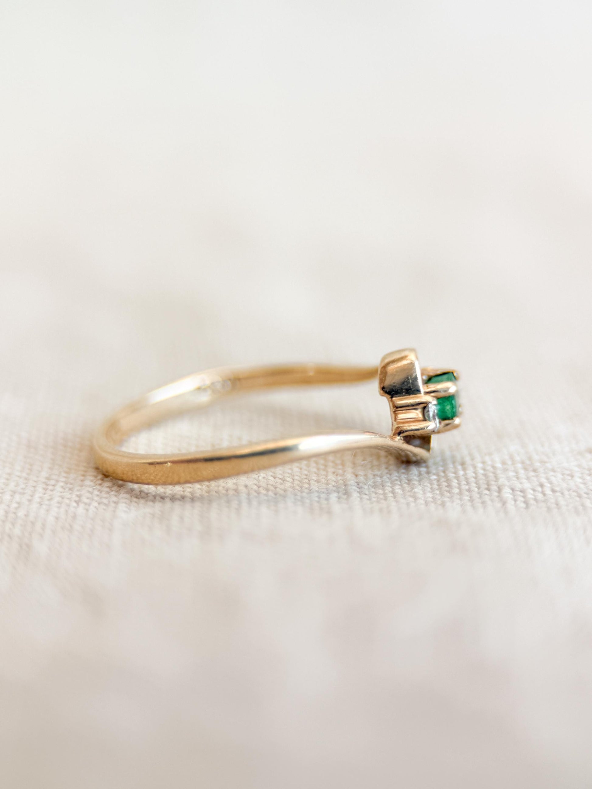 Vintage Emerald and Diamond Engagement Ring, Round Cut, 10k Gold, Three Stone, Bridal Ring