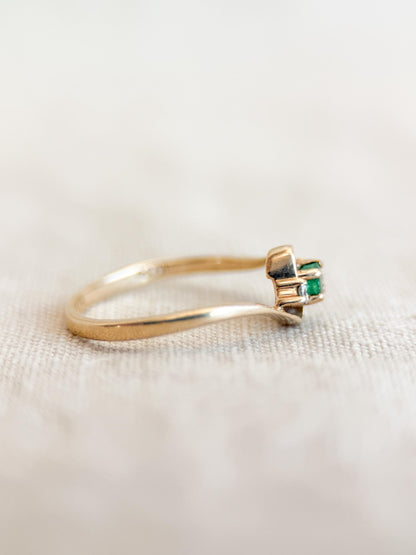 Vintage Emerald and Diamond Engagement Ring, Round Cut, 10k Gold, Three Stone, Bridal Ring