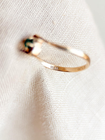 Vintage Emerald and Diamond Engagement Ring, Round Cut, 10k Gold, Three Stone, Bridal Ring