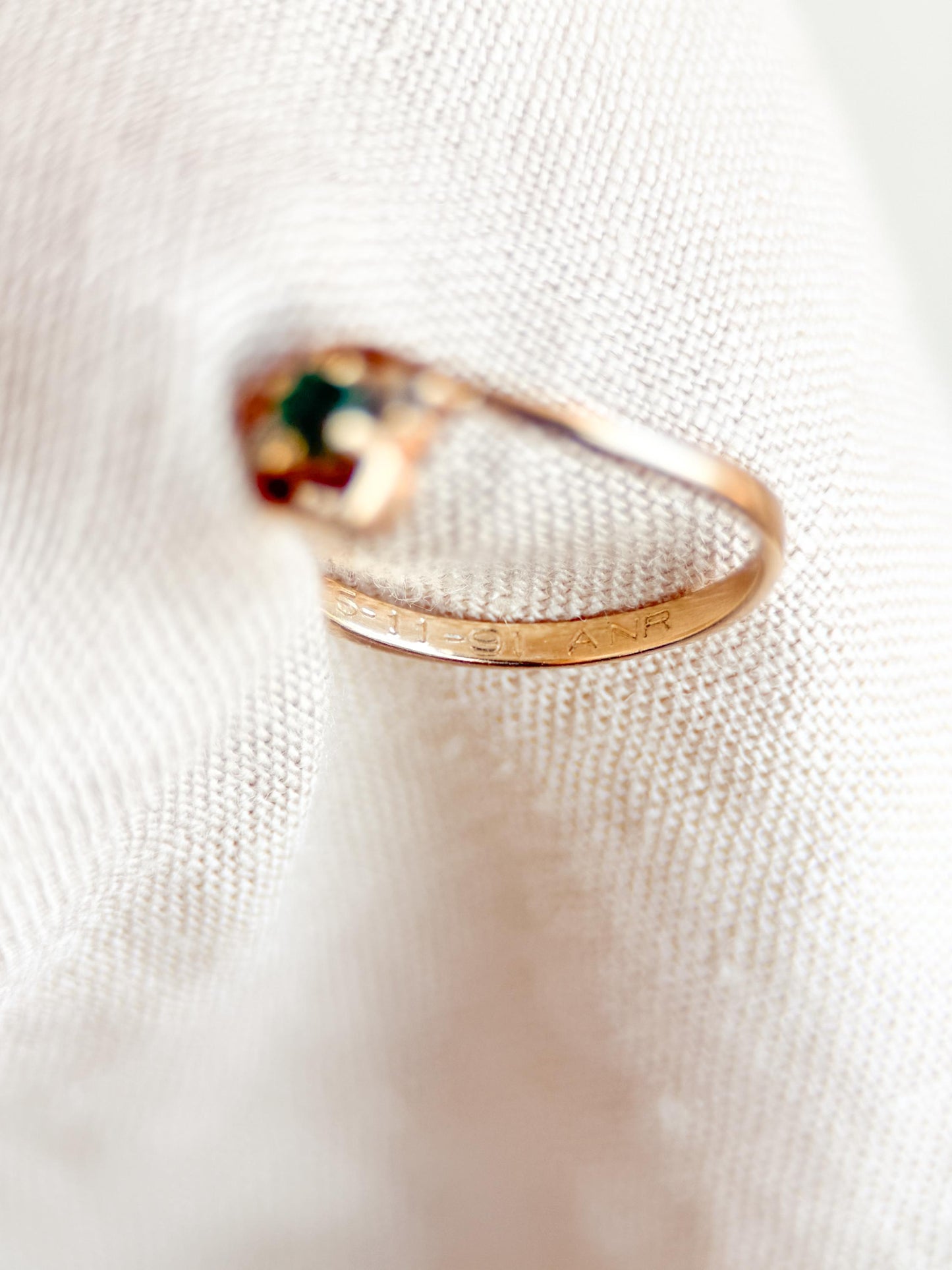 Vintage Emerald and Diamond Engagement Ring, Round Cut, 10k Gold, Three Stone, Bridal Ring
