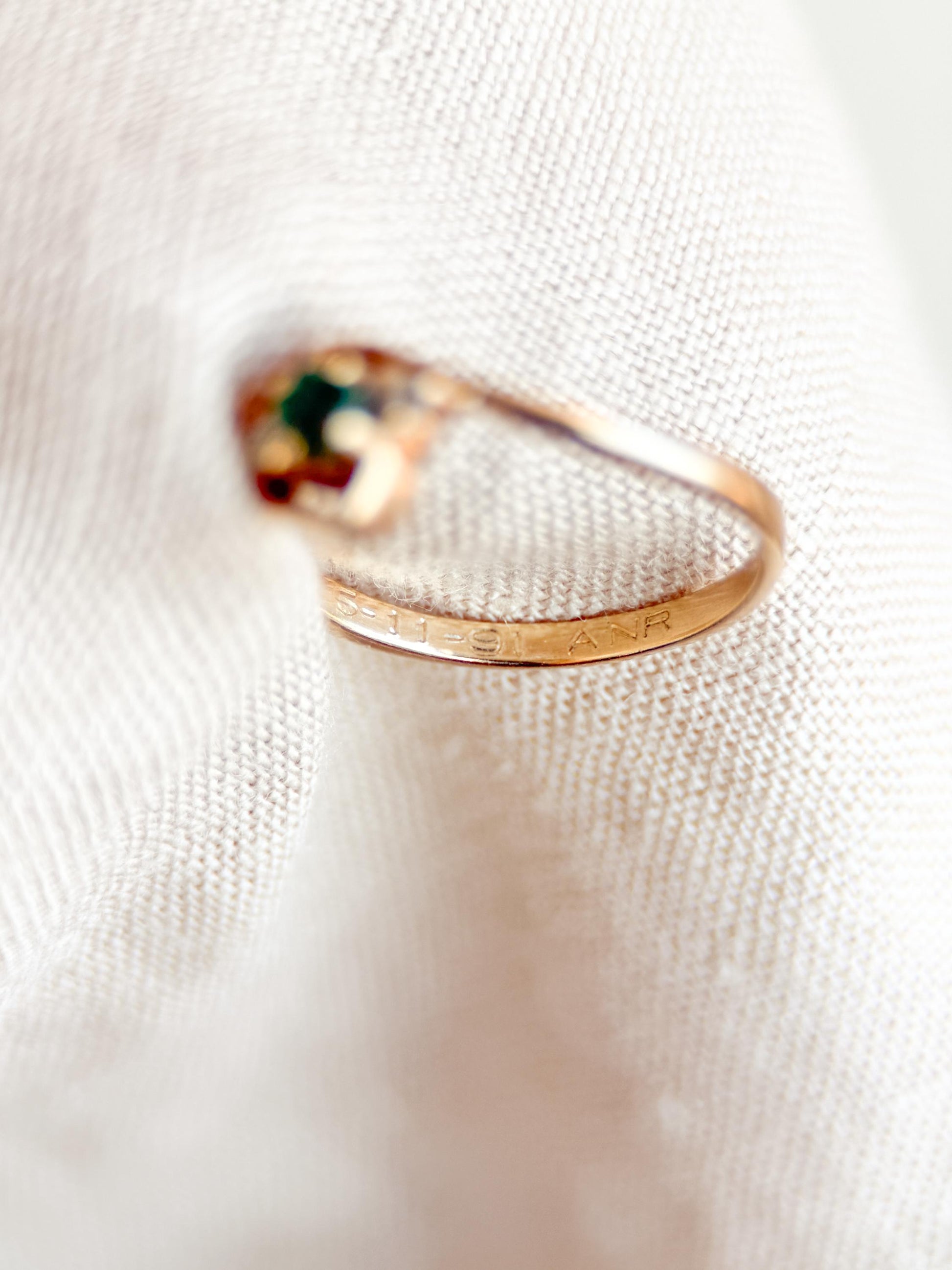 Vintage Emerald and Diamond Engagement Ring, Round Cut, 10k Gold, Three Stone, Bridal Ring