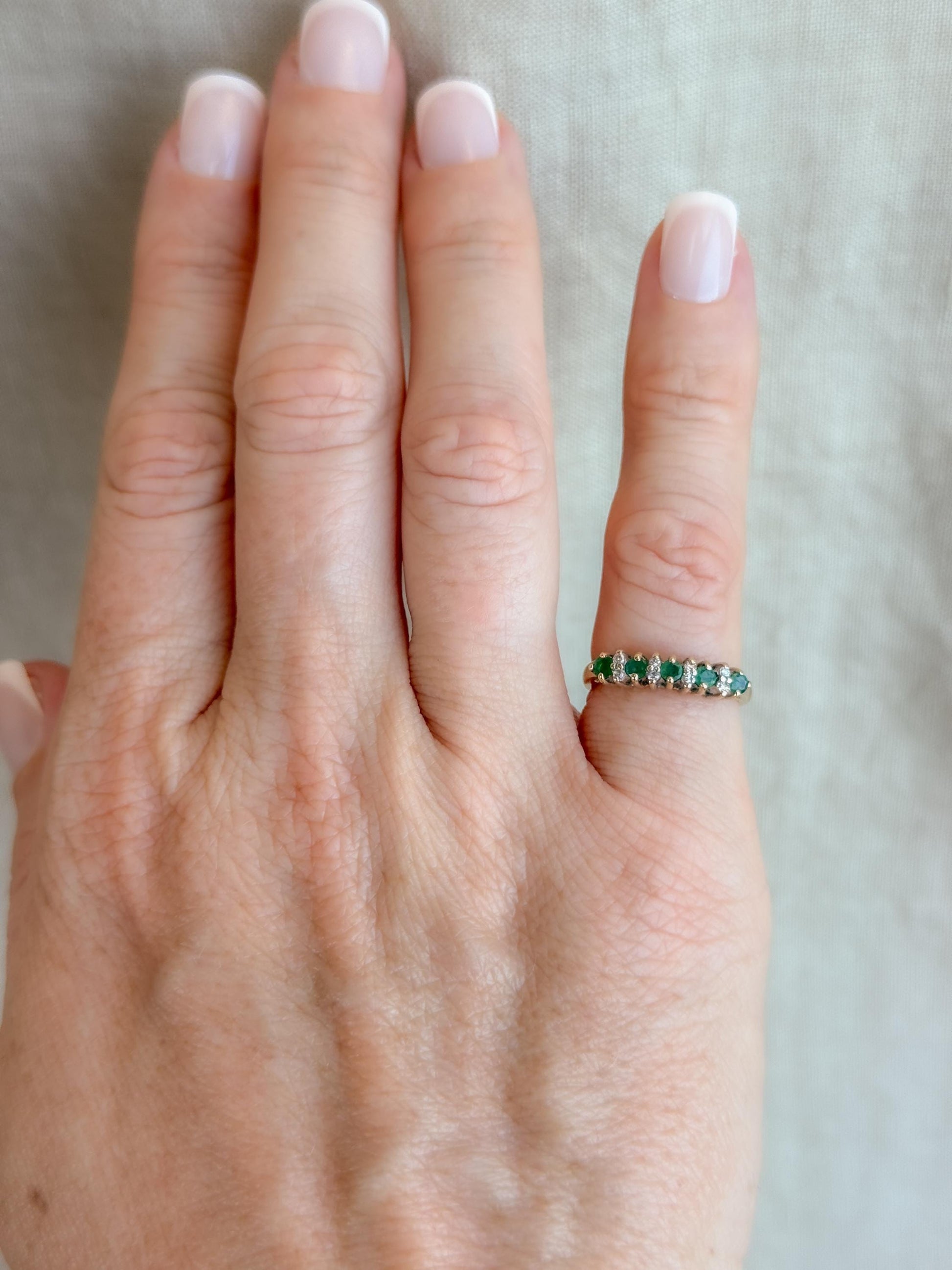 Vintage Emerald and Diamond Wedding Band, 14k Gold, Prong Set Minimalist Ring, Stacking Band