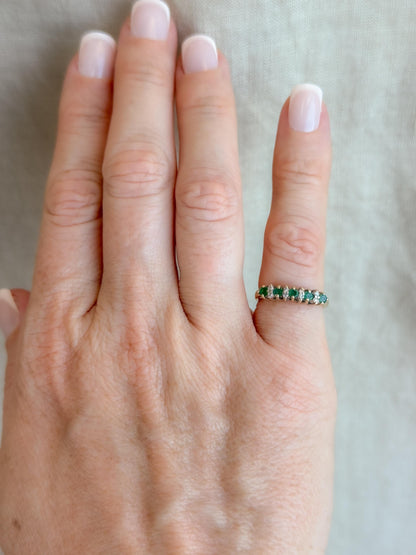 Vintage Emerald and Diamond Wedding Band, 14k Gold, Prong Set Minimalist Ring, Stacking Band