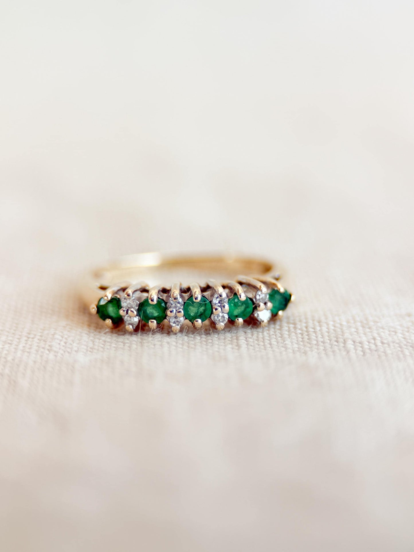 Vintage Emerald and Diamond Wedding Band, 14k Gold, Prong Set Minimalist Ring, Stacking Band