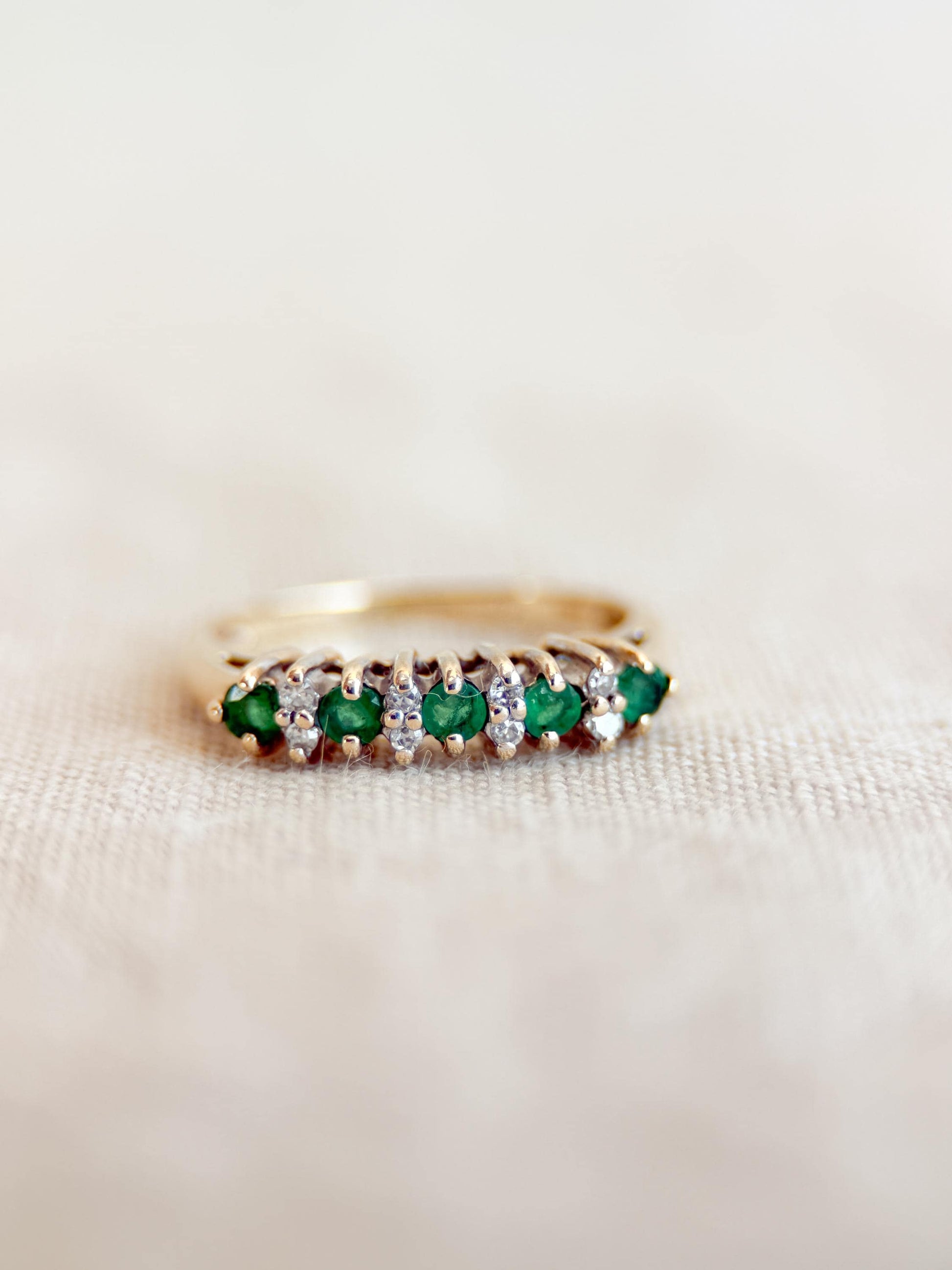 Vintage Emerald and Diamond Wedding Band, 14k Gold, Prong Set Minimalist Ring, Stacking Band