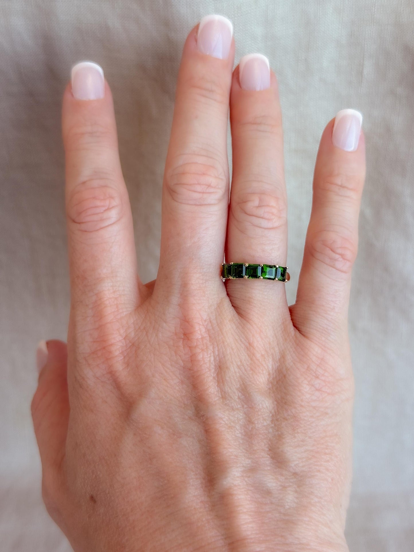 Vintage Chrome Diopside Wedding Band, 10k Gold, Prong Set Square Cut, Minimalist Stacking Band