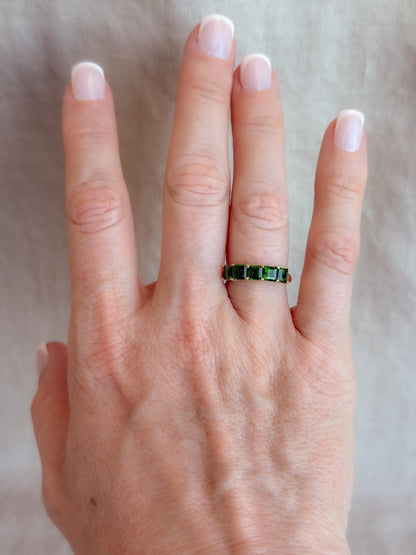 Vintage Chrome Diopside Wedding Band, 10k Gold, Prong Set Square Cut, Minimalist Stacking Band