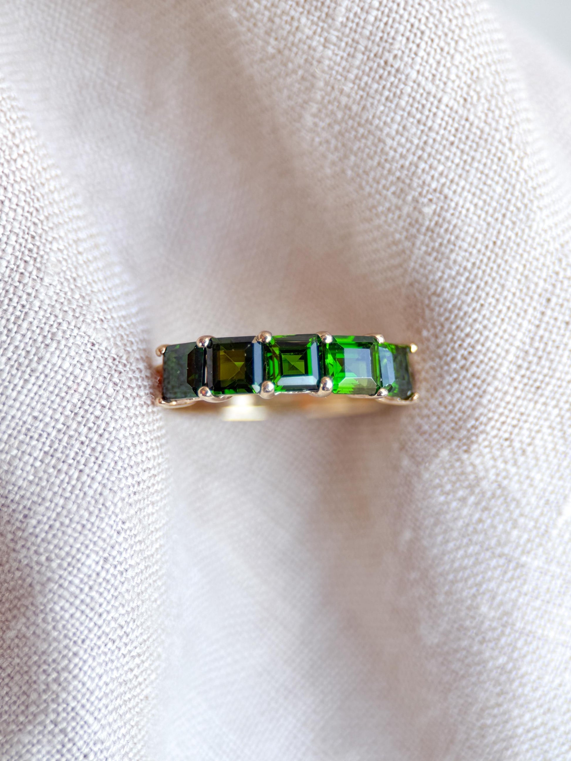 Vintage Chrome Diopside Wedding Band, 10k Gold, Prong Set Square Cut, Minimalist Stacking Band