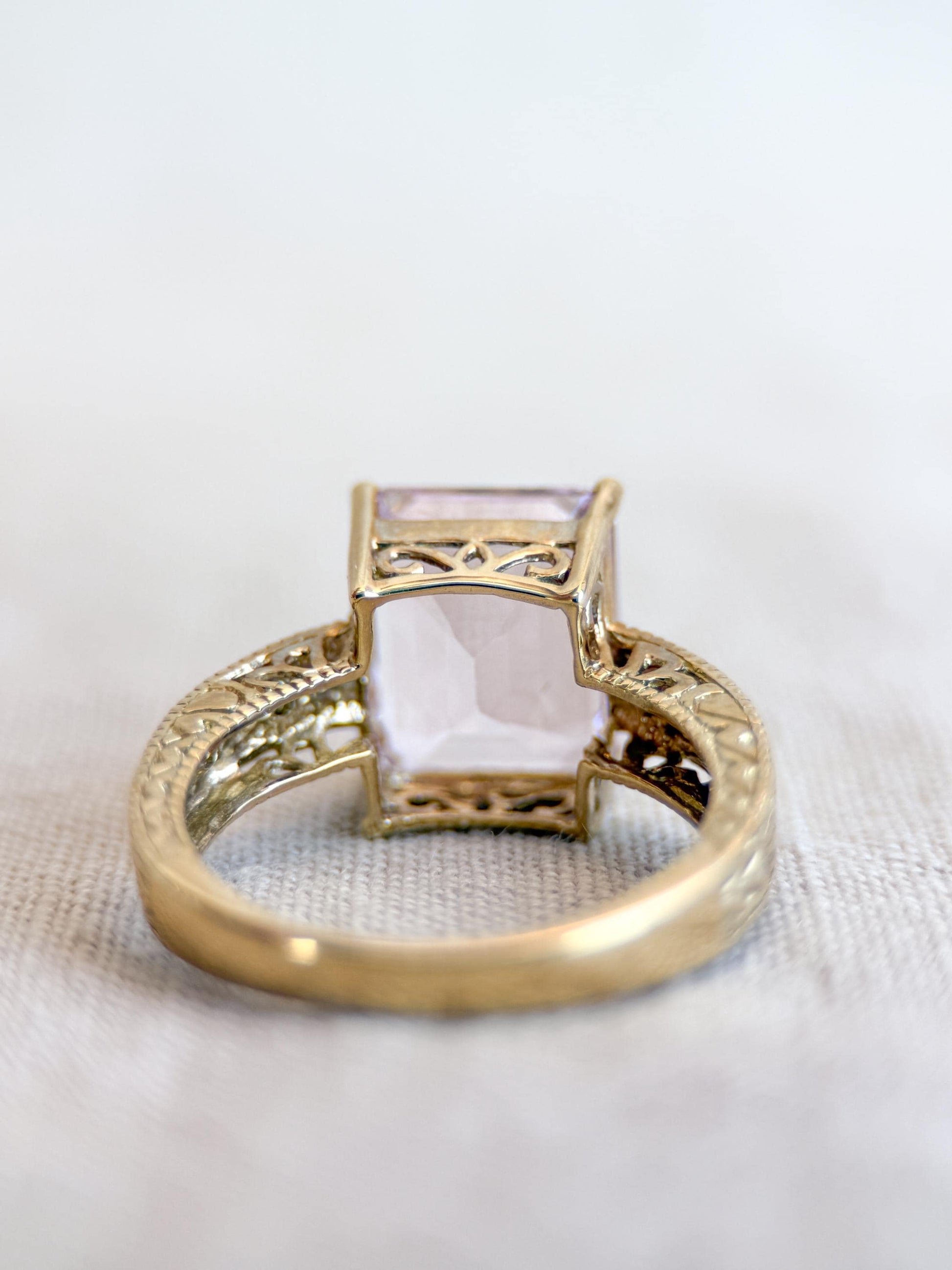 Vintage Pink Tourmaline Engagement Ring, Emerald Cut, 10k Gold, Filigree Alternative Bridal Ring
