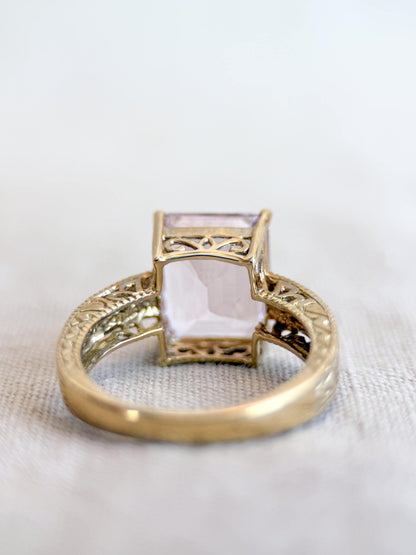 Vintage Pink Tourmaline Engagement Ring, Emerald Cut, 10k Gold, Filigree Alternative Bridal Ring
