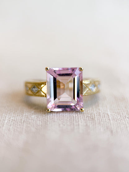 Vintage Pink Tourmaline Engagement Ring, Emerald Cut, 10k Gold, Filigree Alternative Bridal Ring