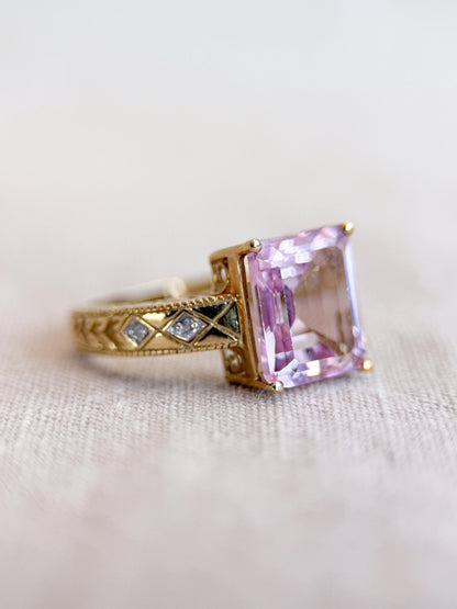 Vintage Pink Tourmaline Engagement Ring, Emerald Cut, 10k Gold, Filigree Alternative Bridal Ring