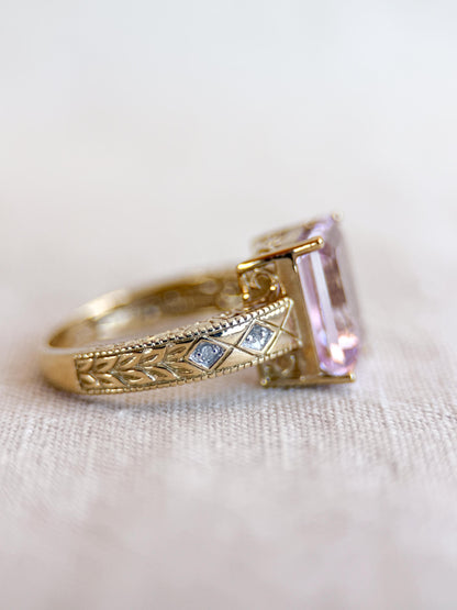 Vintage Pink Tourmaline Engagement Ring, Emerald Cut, 10k Gold, Filigree Alternative Bridal Ring