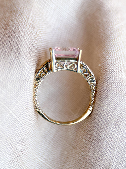 Vintage Pink Tourmaline Engagement Ring, Emerald Cut, 10k Gold, Filigree Alternative Bridal Ring