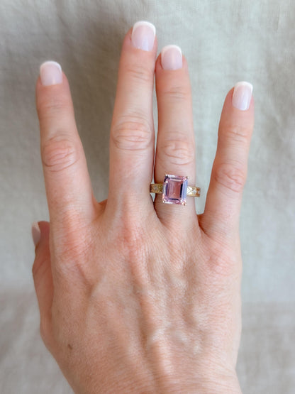 Vintage Pink Tourmaline Engagement Ring, Emerald Cut, 10k Gold, Filigree Alternative Bridal Ring